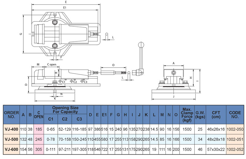 Ê tô máy phay độ mở lớn VJ Vertex (185–305mm / ±0.02mm) VJ-400, VJ-500, VJ-600 Chính Hãng COCQ